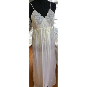 Vtg Gilead Peignoir‎ Nightgown White Bridal Sz M 70s Nylon Full Length Slit Tie